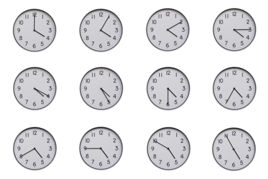 A set of 12 wall clocks, each showing a different time at 5-minute intervals from 04:00 to 04:55 or 16:00 to 16:55. Clean white background, ideal for time-related concepts or educational use.
