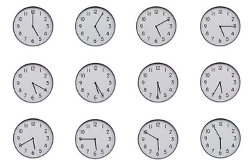 A set of 12 wall clocks, each showing a different time at 5-minute intervals from 05:00 to 05:55 or 17:00 to 17:55. Clean white background, ideal for time-related concepts or educational use.