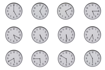 A set of 12 wall clocks, each showing a different time at 5-minute intervals from 05:00 to 05:55 or 17:00 to 17:55. Clean white background, ideal for time-related concepts or educational use.