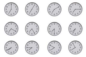 A set of 12 wall clocks, each showing a different time at 5-minute intervals from 07:00 to 07:55 or 19:00 to 19:55. Clean white background, ideal for time-related concepts or educational use.