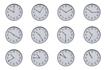 A set of 12 wall clocks, each showing a different time at 5-minute intervals from 10:00 to 10:55 or 22:00 to 22:55. Clean white background, ideal for time-related concepts or educational use.