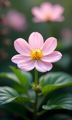 A pink flower with green leaves in background.