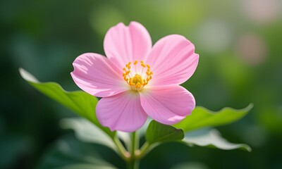 Fototapeta premium A pink flower with green leaves in sunlight.