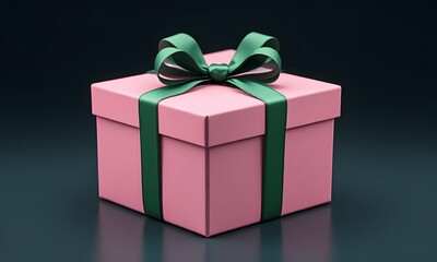 Obraz premium A pink gift box with green ribbon and bow.