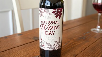 A wine bottle celebrating National Wine Day on a wooden table.
