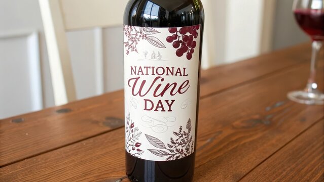 A wine bottle celebrating National Wine Day on a wooden table.