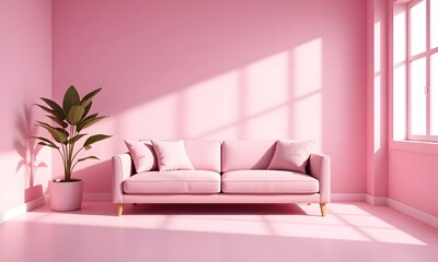 A pink living room with plants and sofa.