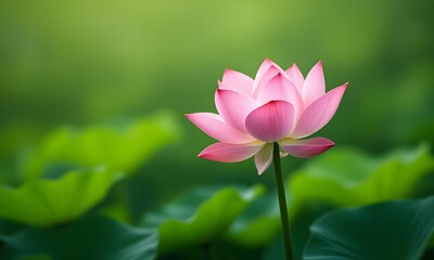 Fototapeta premium A pink lotus flower in front of green leaves.