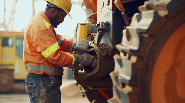 A construction worker inspecting heavy machinery at a construction site. Featuring expertise and attention to detail