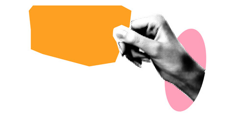 hand holding paper note halftone art collage element. Paper clipping shape. Modern retro vector illustration for mixed media design