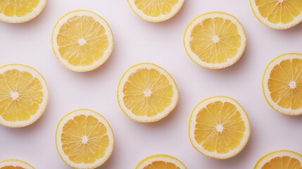 Fototapeta premium A flatlay image featuring multiple lemon slices arranged in a repeating pattern on a light pink background. The vibrant yellow of the lemon slices creates a cheerful and refreshing aesthetic.