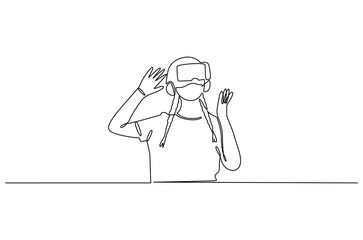 Continuous one line drawing of Young woman use VR glasses. Single line drawing illustration of Woman with VR headset. Technology concept vector art. Doodle line illustration.