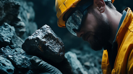 Miner inspecting rocks for precious metal content in an underground mine. Featuring inspection and discovery