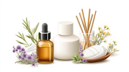 White ceramic diffuser with reed sticks and amber essential oil bottle surrounded by rosemary lavender and yellow flowers on a serene background
