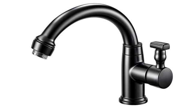 Elegant Black Faucet: A sleek, modern black faucet, demonstrating a harmonious blend of form and function. The design, with its curved spout and ergonomic handle, promises smooth.