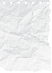 Crumpled white torn ripped notepaper sheet texture isolated on transparent background. Crumpled blank paper texture with torn edges