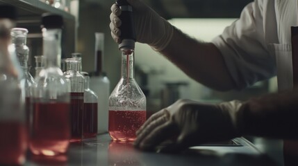 Laboratory technician mixing chemical solutions in a research lab. Featuring accuracy and safety
