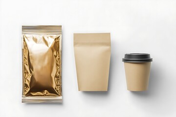 Mockup of a coffee cup and a package on a white background