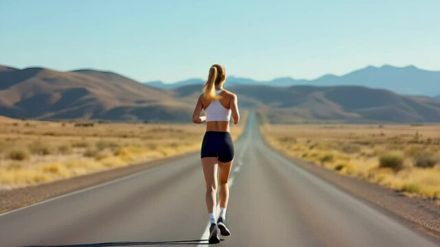 Young athletic blonde woman running along empty desert road under clear sky. Concept of freedom and personal challenge