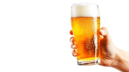 Female hand holding a pint of beer on a white background with copy space