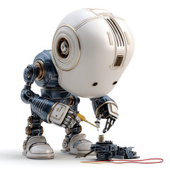 A small robot fixing a device with a screwdriver on a white background studio shot
