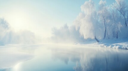 Frosted winter wonderland reflecting on calm water