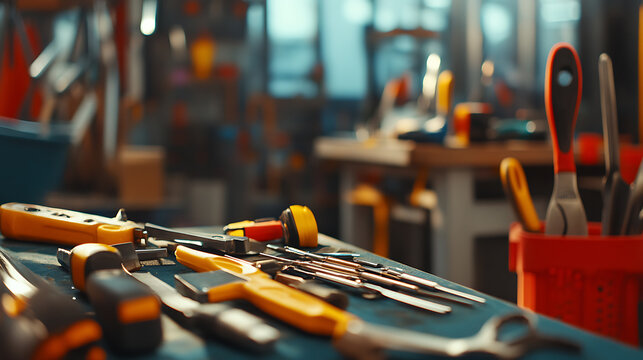 A construction worker inspecting tools at a building site. Featuring thoroughness and safety