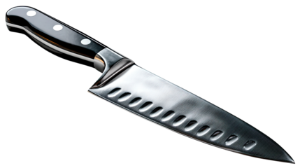 Sharp Chef's Knife: A professional-grade chef's knife with a sleek stainless steel blade and black ergonomic handle. The knife's serrated edge and dimpled surface enhance grip and cutting precision.