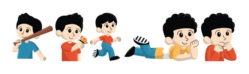 Illustration of a cartoon boy in various poses and emotions, playing baseball, catching a butterfly, running, lying down, and looking anxious.