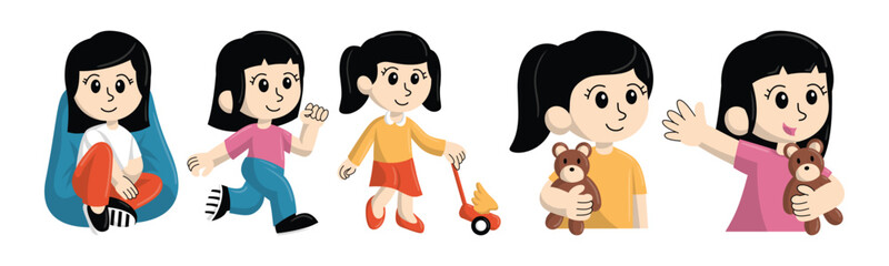 Illustration of an animated girl in different poses, displaying everyday childhood activities with cheerful and playful elements.