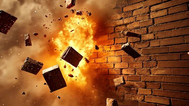 Explosive Demolition, Slow Motion Brick Wall Shattering with Fiery Impact