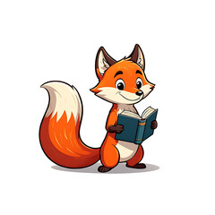 Obraz premium A cartoon fox standing and reading a blue book with a smile on a white background