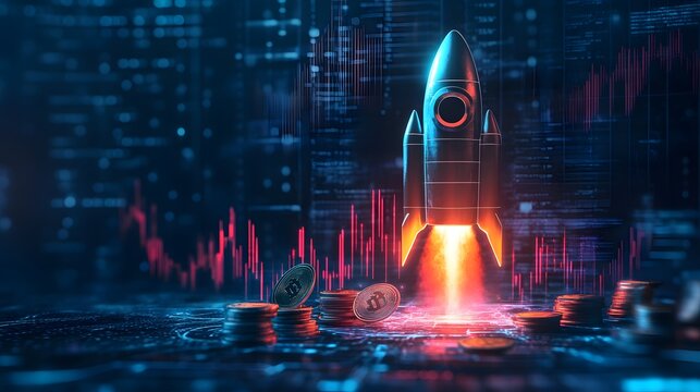 Glowing Rocket with Financial Graphs in Vibrant Digital Artwork
