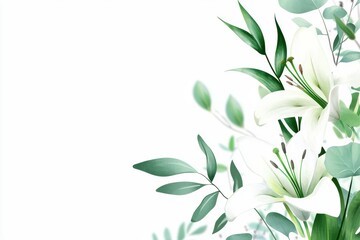 Obraz premium White Lilies and Eucalyptus Watercolor Illustration.