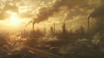 Obraz premium Industrial landscape with smoke stacks polluting the air at sunset or sunrise.