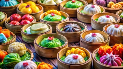 Fototapeta premium Colorful Assorted Dim Sum in Bamboo Steamers