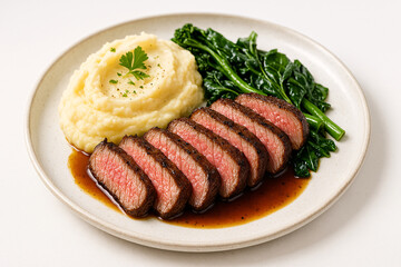 Sliced medium-rare steak with mashed potatoes and sautéed greens served on a white plate with rich brown sauce