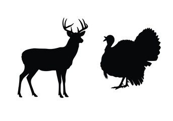 Deer and turkey silhouette. A majestic deer with antlers stands beside a turkey, symbolizing wildlife, nature, and balance in a striking forest scene. Vector clipart black illustration design.