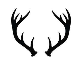 Deer antler silhouette. Large curved antlers extend symmetrically from a deer�s head, also known as stag horns, symbolizing strength, wilderness, and majesty. Vector clipart black illustration design.