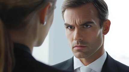 Realistic close-up scene of a male banker under pressure, discussing an issue with his female supervisor