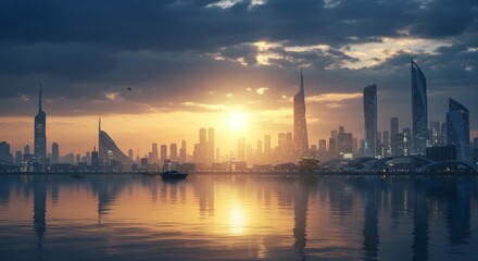 Naklejka premium futuristic city skyline at sunrise