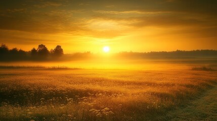 Fototapeta premium Golden sunrise over a misty field