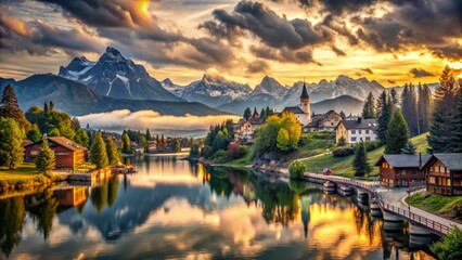 Fototapeta premium Serene Mountain Village Reflection at Sunset