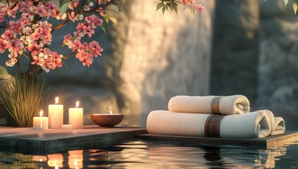 Tranquil spa scene with candles, towels, and blooming cherry blossoms