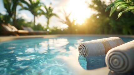 Obraz premium Relaxing Poolside in Paradise: High-Resolution Image of Rolled Towels by a Sparkling Pool in a Tropical Resort Setting