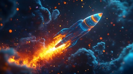 Fototapeta premium Neon Rocket with Blue and Orange Glow in Vibrant Sci-Fi Art