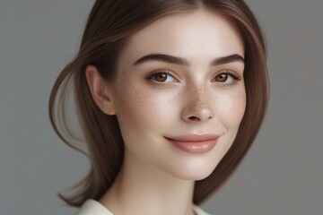 Fototapeta premium A 28-year-old woman with a chic, long haircut, framing her heart-shaped face with a subtle, oval jawline and high cheekbones, her facial features soft and delicate
