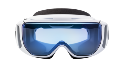 Close up shot of a white vr headset with blue tinted lenses on a transparent background in studio light png