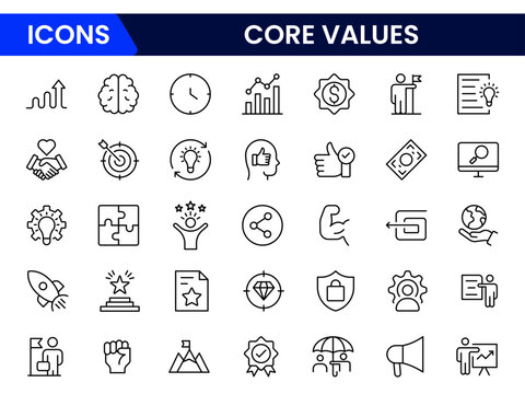 Core Values Line Icons Stock Illustration" refers to a colle Stock Illustration" refers to a collection of minimalist, line-drawn icons representing essential organizational or personal principles.
