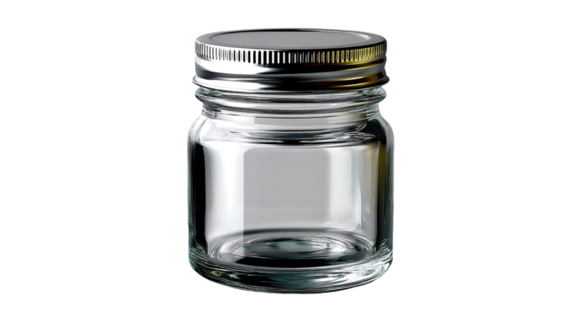Glass Jar: An elegant glass jar, pristine and transparent, stands poised with its metallic cap, presenting an emblem of minimalism and functional simplicity. - Powered by Adobe